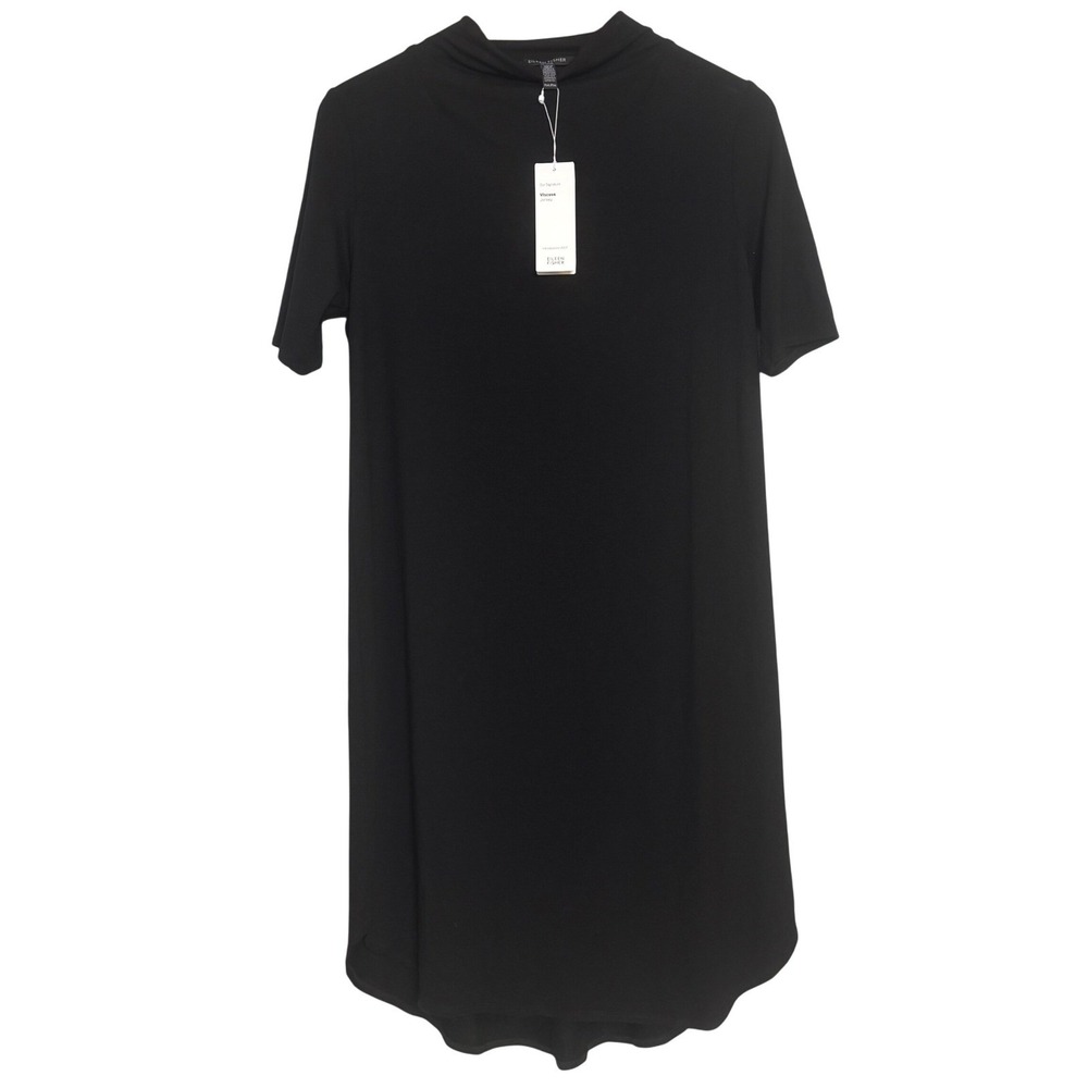 Eileen Fisher Petite Black Drape Knee Length Dress -‎ Viscose Jersey M NWT